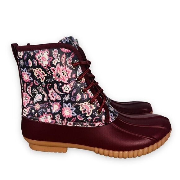Simply Southern Paisley Floral Lace-up Duck Boots Wine / Multicolor Women's 9 - Picture 4 of 12